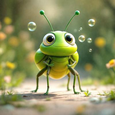 The primary subject of the image is a green and yellow cartoon-like insect, possibly a grasshopper or a dragonfly, standing on a dirt road. The setting is a grassy area with flowers, creating a natural and vibrant background. The visual style is a digital art or illustration, giving the image a whimsical and playful appearance. The dominant colors are green and yellow, which contribute to the insect's lively and cheerful demeanor.